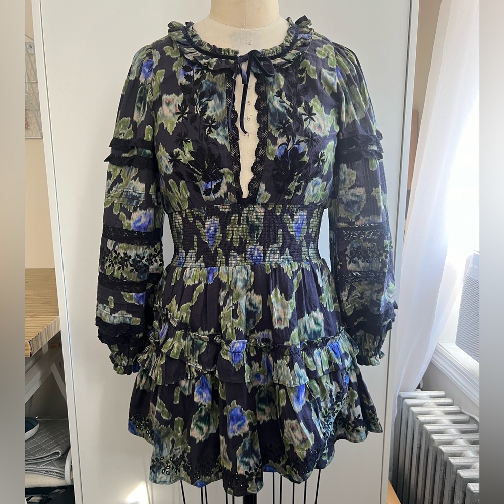LoveShackFancy Black and Blue Floral Mini Dress